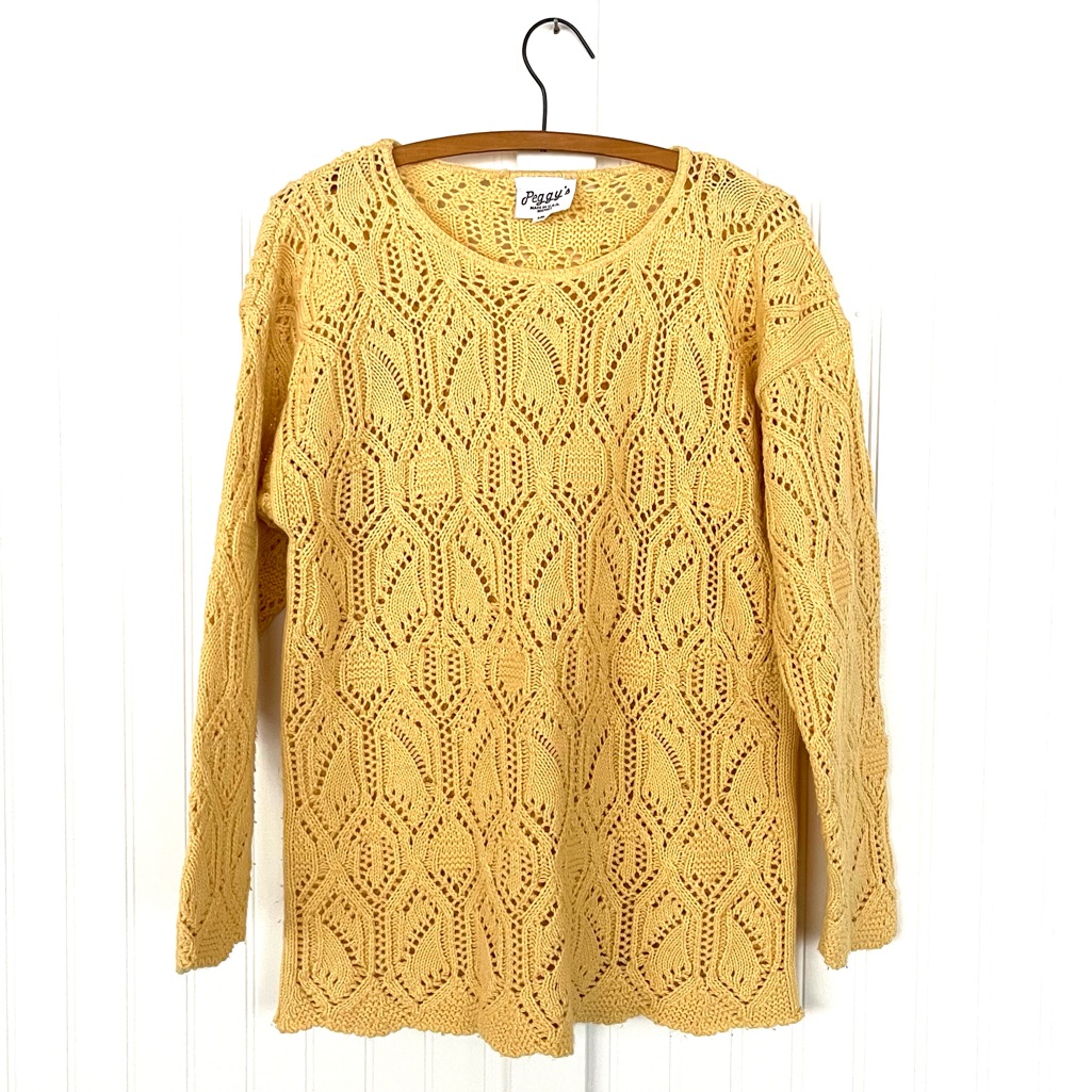 Vintage Cream Chunky Sweater Openwork Lace Knit Pointelle Holes Scalloped Hem Lg